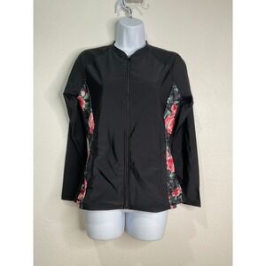 Halcurt Womens Black Floral Full Zip Long Sleeve Rash Guard SwimJacket Small NWT